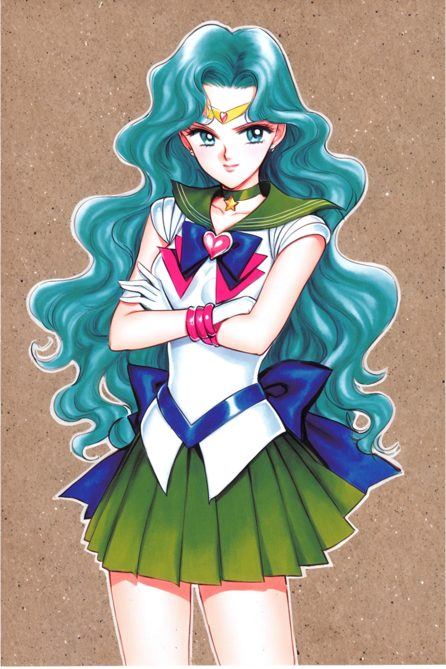 Kaiou Michiru,1girl,solo,magical girl,sailor senshi uniform,jewelry,choker,skirt,long hair,wavy hair,brooch,blue bow,black bow,heart brooch,green sailor collar,aqua hair,gloves,white gloves,aqua eyes,back bow,pleated skirt,green skirt,tiara,crossed arms,light smile,closed mouth,circlet,star choker,looking at viewer,traditional media,
<lora:Takeuchi Naoko_XL:0.8>,
