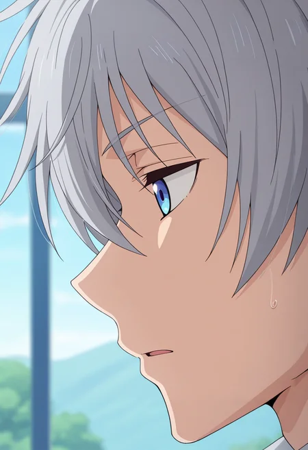 masterpiece, best quality, amazing quality,high resolution, intricate details,official style,depth of field,anime coloring,anime screencap , , , 1boy, solo, male focus,<lora:Fujiwara:0.74>,fujiwara,gray hair,short hair,blue eyes,from side