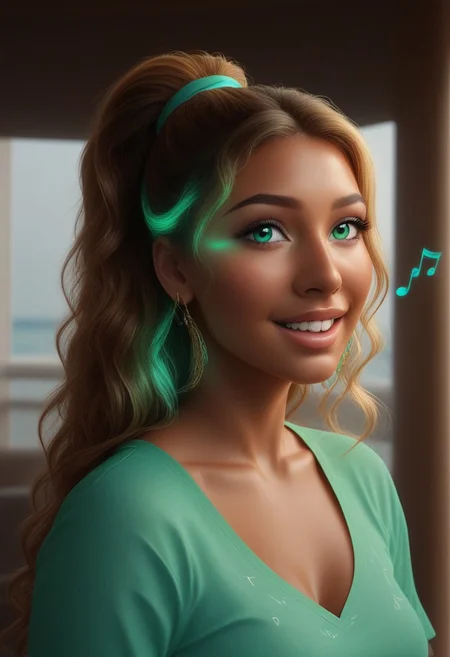 ((score_9, score_8_up)) ((cowboy shot)) One twenty year old Native American woman with flowing caramel hair and green eyes. (she has dark red skin.) (She is singing on the deck of a ship) She is blushing, happy, singing (super dark skin), she is wearing a green backless dress ((blue music notes, glowing music notes)) (((hair down, straight hair))) Expressiveh, d3t41l3d, digital art, detailed face, shimmering light, neural network, reflection, masterpiece, 32k UHD resolution, high quality, professional photography, ray tracing