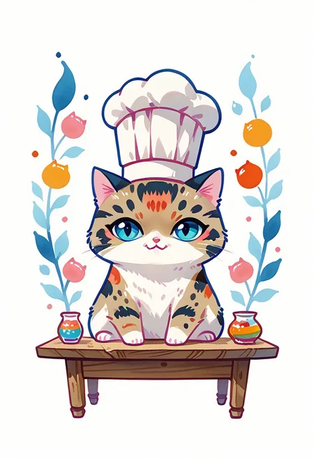 score_7_up, score_8_up, score_9, (full body:1.15), cat, animal kitten, chibi animal cat, Kus1cat, Chibi Art Style, furr,
cute cat, game character, very cute, chef, watercolor style,
(Wooden table with colorful tablecloths detailed background:1.19), HQ,