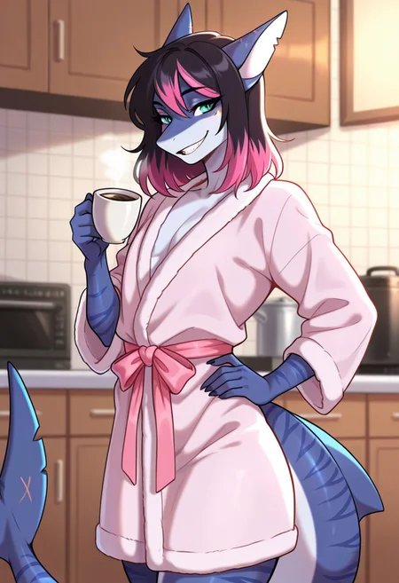 masterpiece, best quality, amazing quality,,(detailed background:1.5),(detailed everything:1) 1boy, moonlitesunilll, furry male, femboy, solo, anthro shark,medium hair, multicolored hair, dark hair, pink hair, shark ears,pink bow in ears, teeth, stripes on body, turquoise eyes, shark tail, BREAK, cute, wear only bathrobe, one hand holding a cup of coffee, one hand on hip, kitchen background, highres, high quality, masterpiece, seductive smile ,
