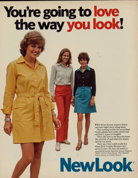 GroovyAesthetica, 1970s style, Using a 35mm lens, take a Kodachrome photograph. 
<break>
A retro-style advertisement for a 1970s-era fashion brand, featuring a colorful illustration of a model wearing the brand's clothing and a bold, eye-catching font. A bold text that says "You're going to love the way you look!" "NewLook®"