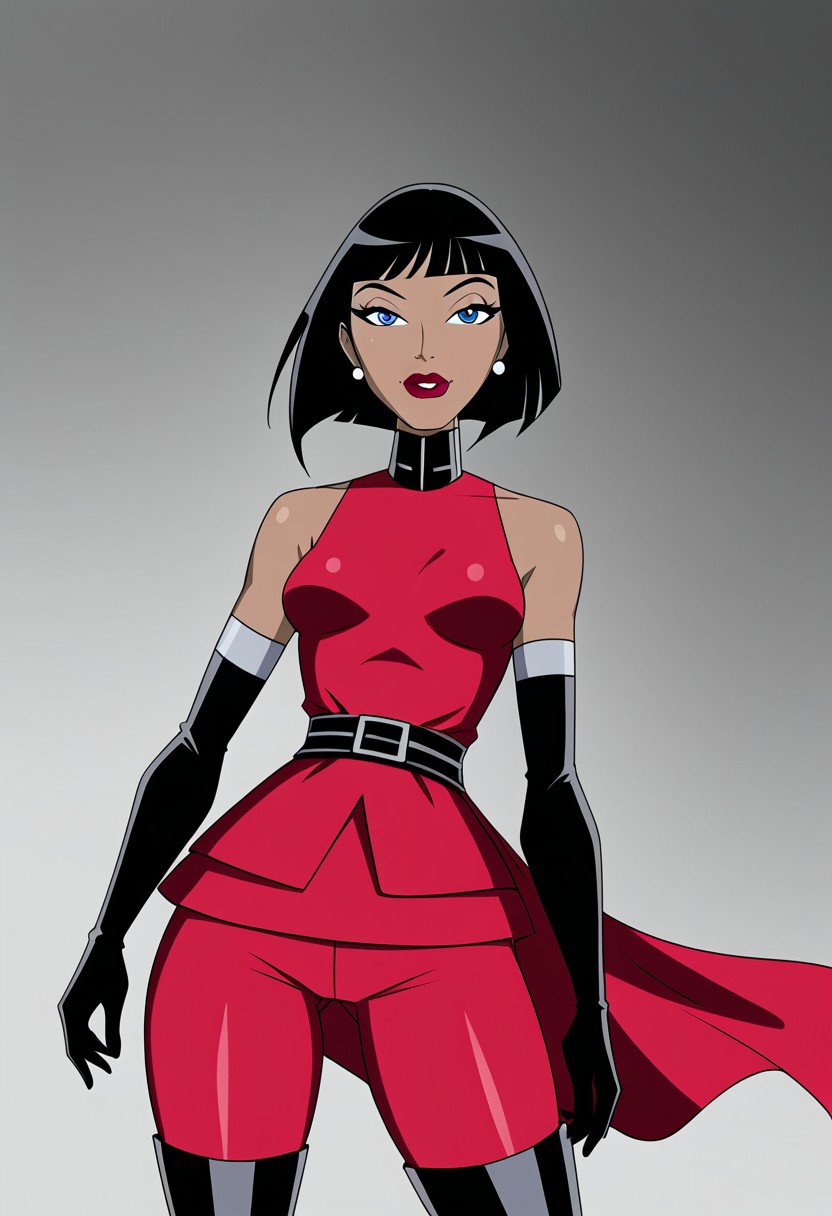 1girl, solo, Madame Rouge, DC, short black hair, blue eyes and brown skin, milf, curvy figure with fuller hips and thighs, small breasts, defined waist, red sweater, black turtleneck, double grey belt at waist, sleeveless, off shoulder, high tight pants, red pants, thigh high boots with grey lines, high heels and elbow length black gloves with grey details