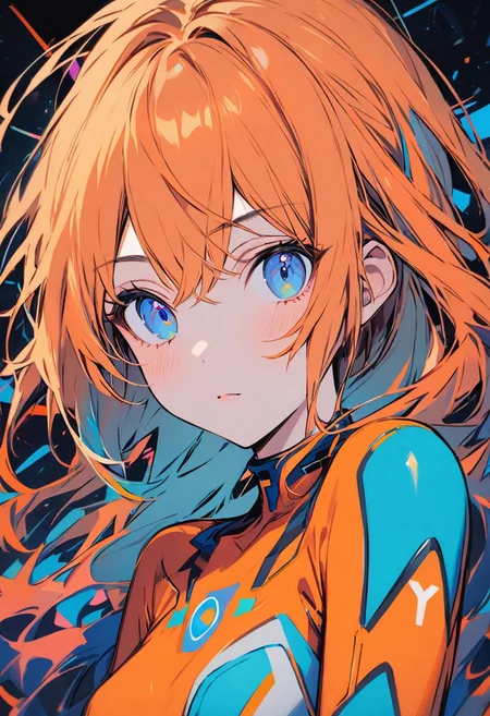 masterpiece, a portrait of a zero suit samus, molly, bright colors,orange hair, pale blue eyes,cute,colorful,artistic