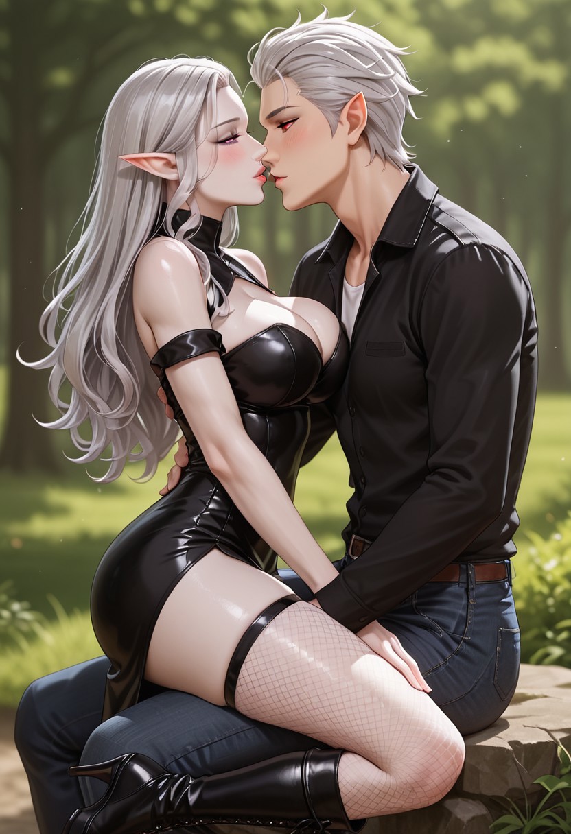 score_9_up, score_8_up, score_7_up, masterpiece, absurdres, raytracing, ambient occlusion, dynamic, cinematic, depth of field,8K,illustration, shiny hair,clear skin,ultra-detailed-eyes, (perfectly shaped lips:1.3), ((ultra-detailed faces:1.3)),(((tenderly kissing lips, half lidded eyes, blushing))), ((duo:1.2)), (((1woman, pointy ears, purple eyes, long straight silver hair, pale skin, large breasts))), ((the woman wears a red and black dress, shoulder cutout, off-shoulder dress, thigh high fishnet stockings, high heels knee boots)), (((Astarion, 1man, pointy ears, red eyes, white hair, medium length, semi curls perfectly styled hair, with a single charming loose strand over the right side of his forehead, sharp jawline, graceful male face features, little forehead wrinkles, extremely pale skin, toned body, tall))), ((the man is tall and muscular, wearing a  white shirt and black jacket, denim pants, and combat boots)), Idyllic forest background, sunset