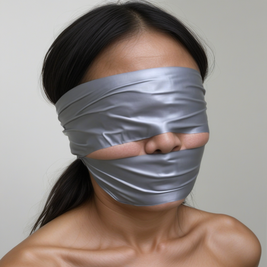 Wrapgagged, blindfolded, close up