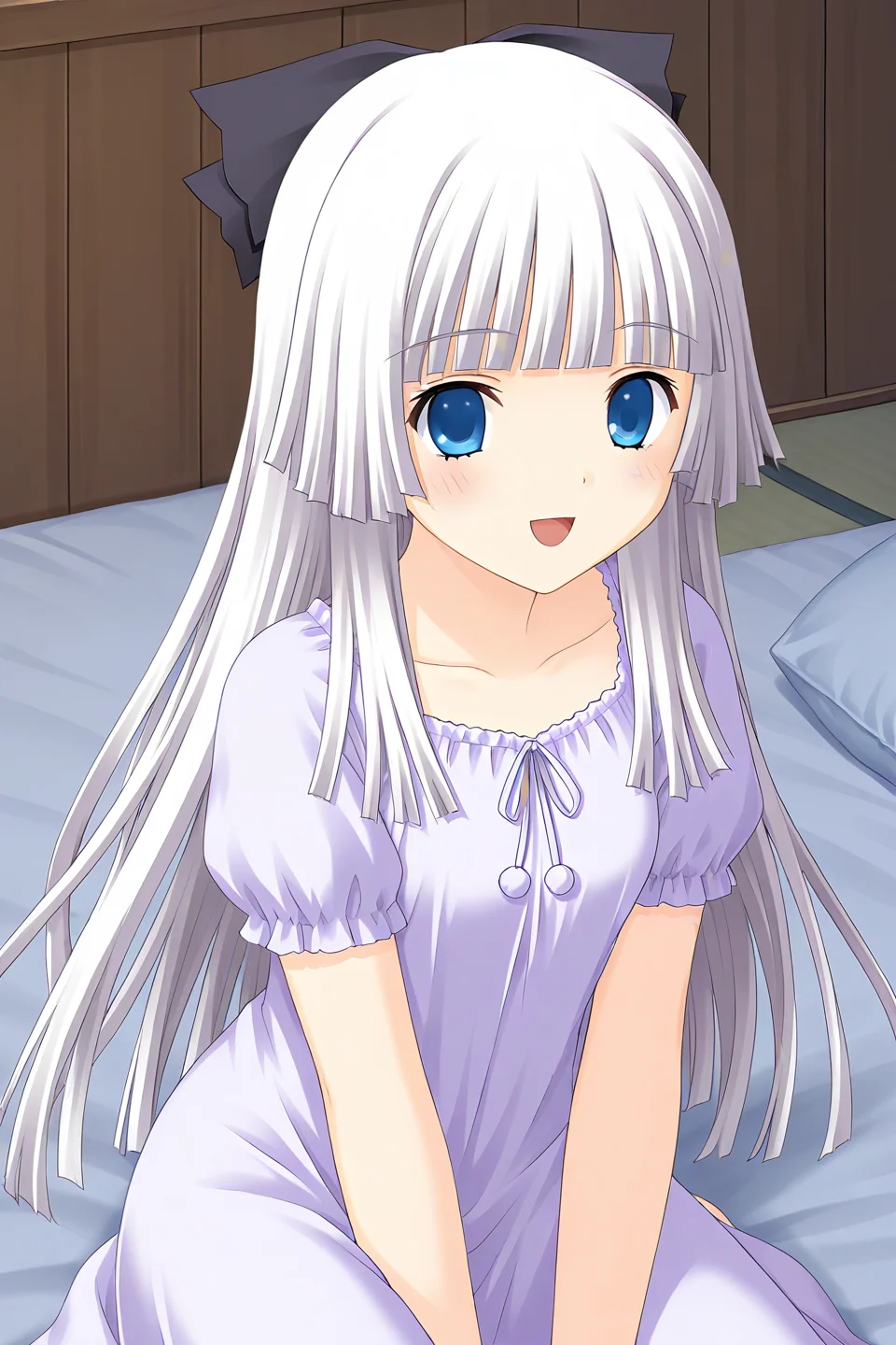 masterpiece, best quality, absurdres, official art, official style, rating general BREAK <lora:rokujoumiyaho_IL_v1:0.7>, rokujou miyaho, 1girl, solo, blue eyes, grey hair, very long hair, blunt bangs, hime cut, straight hair, blunt ends, sidelocks, hair bow, black bow, small breasts,
pajamas, sleepwear, nightgown, purple dress, frilled dress, neck ribbon, purple ribbon, pom pom \(clothes\), puffy short sleeves, frilled sleeves, collarbone, smile, open mouth, :d, looking at viewer, blush, blush stickers, lying, on bed, on side, on stomach, top-down bottom-up, futon, circle skirt, indoors