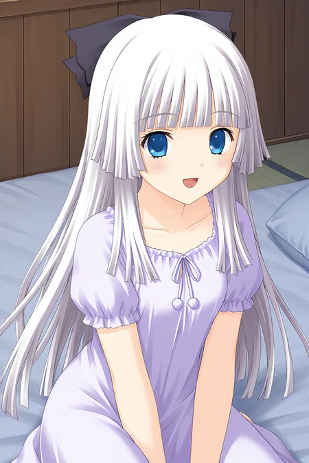 masterpiece, best quality, absurdres, official art, official style, rating general BREAK <lora:rokujoumiyaho_IL_v1:0.7>, rokujou miyaho, 1girl, solo, blue eyes, grey hair, very long hair, blunt bangs, hime cut, straight hair, blunt ends, sidelocks, hair bow, black bow, small breasts,
pajamas, sleepwear, nightgown, purple dress, frilled dress, neck ribbon, purple ribbon, pom pom \(clothes\), puffy short sleeves, frilled sleeves, collarbone, smile, open mouth, :d, looking at viewer, blush, blush stickers, lying, on bed, on side, on stomach, top-down bottom-up, futon, circle skirt, indoors
