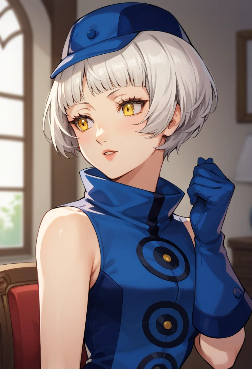 score_9, score_8_up, score_7_up, score_6_up, score_5_up, score_4_up, masterpiece, best quality, BREAK,
1girl, indoors, <lora:Elizabeth_The_blue_velvet_girl_Pony:1> elizabethpony, short hair, yellow eyes, white hair female, hat, sleeveless, dress, bare shoulders, gloves, blue headwear