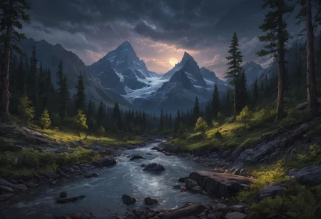 Beautiful outdoor, nature, no humans, mountain, glacier national park, dark twilight, forest, masterpiece, sharp focus, photorealistic rendering, extremely detailed