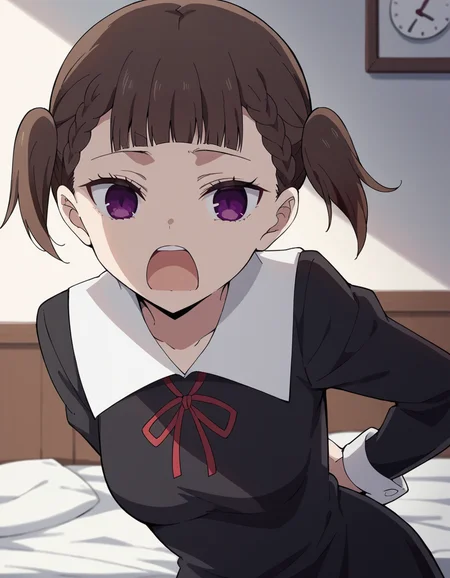 score_9, score_8_up, score_7_up, source_anime, <lora:maki-shijou-s3-ponyxl-lora-nochekaiser:1>, maki shijou, bangs, blunt bangs, purple eyes, twintails, two side up, braid, short twintails, brown hair, medium breasts,, long sleeves, dress, ribbon, school uniform, black dress, red ribbon, neck ribbon, collared dress, shuuchiin academy school uniform,, bedroom, alarm clock, morning routine, yawning, stretching, on bed,, , looking at viewer, hands behind back, bent over,, solo,, dutch angle,