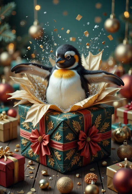 analog film photo photograph of a majestic penguin breaking free from a intricately wrapped Christmas gift box, showcasing a delightful mix of festive and wildlife elements. Capture the penguin's exhilarating moment as it bursts forth from the box, its tuxedo-like feathers glistening with dew and holiday cheer.
Compositionally, frame the scene from a low angle, placing the gift box at the top of the image, allowing the viewer's gaze to follow the penguin's trajectory upward. Employ a shallow depth of field, blurring the surrounding wrapping paper and gift embellishments to emphasize the penguin's heroic breakout. Soft, warm artificial lighting will add a cozy atmosphere, while also highlighting the festive colors and textures of the box.
The penguin itself should be depicted in stunning detail, with subtle texture variations on its feathers, soft belly, and slender flippers. Capture the vibrant hue of its feathers, ranging from snowy white to rich black, and emphasize the characteristic yellow patch on its chest. The gift box, wrapped in a luxurious pattern of gold and red stripes, will add a touch of opulence to the scene.
To create a captivating atmosphere, infuse the environment with an air of anticipation and excitement. Perhaps a few scattered snowflakes or confetti pieces can be seen floating around the penguin's head, adding to the festive ambiance. Incorporate some strategically placed shadows to enhance the dynamic movement of the penguin as it breaks free from its prison.
Artistically, draw inspiration from the whimsical world of children's illustrations and classic animated films, where penguins are often depicted in charming, expressive poses. The overall mood should be one of joyful abandon, capturing the magic and surprise of the moment when the penguin finally achieves its freedom.
Technical specifications: Resolution: 4096 x 3040 pixels; Aspect Ratio: 16:9; File Format: JPEG or PNG; Camera Angle: Low-angle shot with a slight tilt upwards; Lighting: Warm artificial lighting with subtle shadows; Depth of Field: Shallow, with a blurred background; Texture and Material Details: Subtle feather texture, soft belly, and slender flippers; Color Palette: Vibrant hues of green, blue, yellow, and red, with rich black and snowy white accents.
Image should be generated in photorealistic detail, with crisp edges, subtle color gradations, and a high level of texture fidelity. Ensure the overall aesthetic is both captivating and true to the original prompt, showcasing a masterful blend of wildlife, holiday cheer, and whimsical storytelling. . faded film, desaturated, 35mm photo, grainy, vignette, vintage, Kodachrome, Lomography, stained, highly detailed, found footage