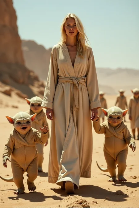 beautiful blonde mother in her 40s wearing a long flowing robe, she shepards a dozen baby monsters through a dystopian desert landscapeâââ