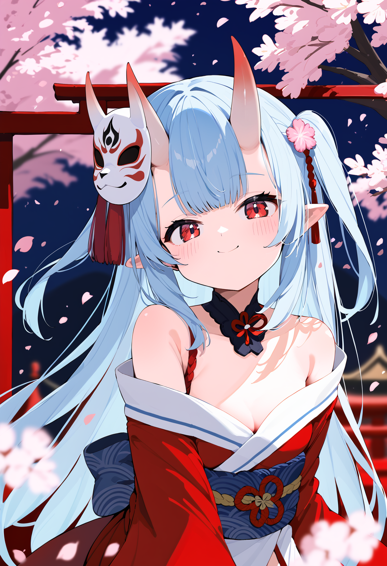 score_9, score_8_up, score_7_up, source_anime BREAK 1girl, solo, red eyes, long hair, blue hair, light blue hair, oni, japanese clothes, kimono, blush, closed mouth, cherry blossoms, oni mask, pink flower, looking at viewer, alternate costume, smile, red kimono, mask, off shoulder, virtual youtuber, skin-covered horns, sidelocks, sleeves past fingers, flower knot, mask on head, sleeves past wrists, pointy ears, two side up, long sleeves, horns, bare shoulders, petals, flower, tassel, wide sleeves
 <lora:Siro9_pony:1>