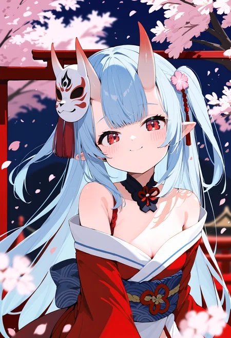 score_9, score_8_up, score_7_up, source_anime BREAK 1girl, solo, red eyes, long hair, blue hair, light blue hair, oni, japanese clothes, kimono, blush, closed mouth, cherry blossoms, oni mask, pink flower, looking at viewer, alternate costume, smile, red kimono, mask, off shoulder, virtual youtuber, skin-covered horns, sidelocks, sleeves past fingers, flower knot, mask on head, sleeves past wrists, pointy ears, two side up, long sleeves, horns, bare shoulders, petals, flower, tassel, wide sleeves
<lora:Siro9_pony:1>