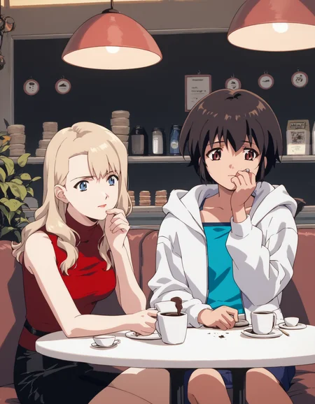 score_9, score_8_up, score_7_up, score_6_up, score_5_up, score_4_up
<lora:noir-2x-ponyxl-000016:0.5>
2girls, cafe, baguette, coffee
BREAK
nwrmir, blonde hair, sleeveless turtleneck, red shirt, pencil skirt,
BREAK
yuumura kirika, camisole, blue shirt, hoodie, white hoodie, pencil skirt, microskirt