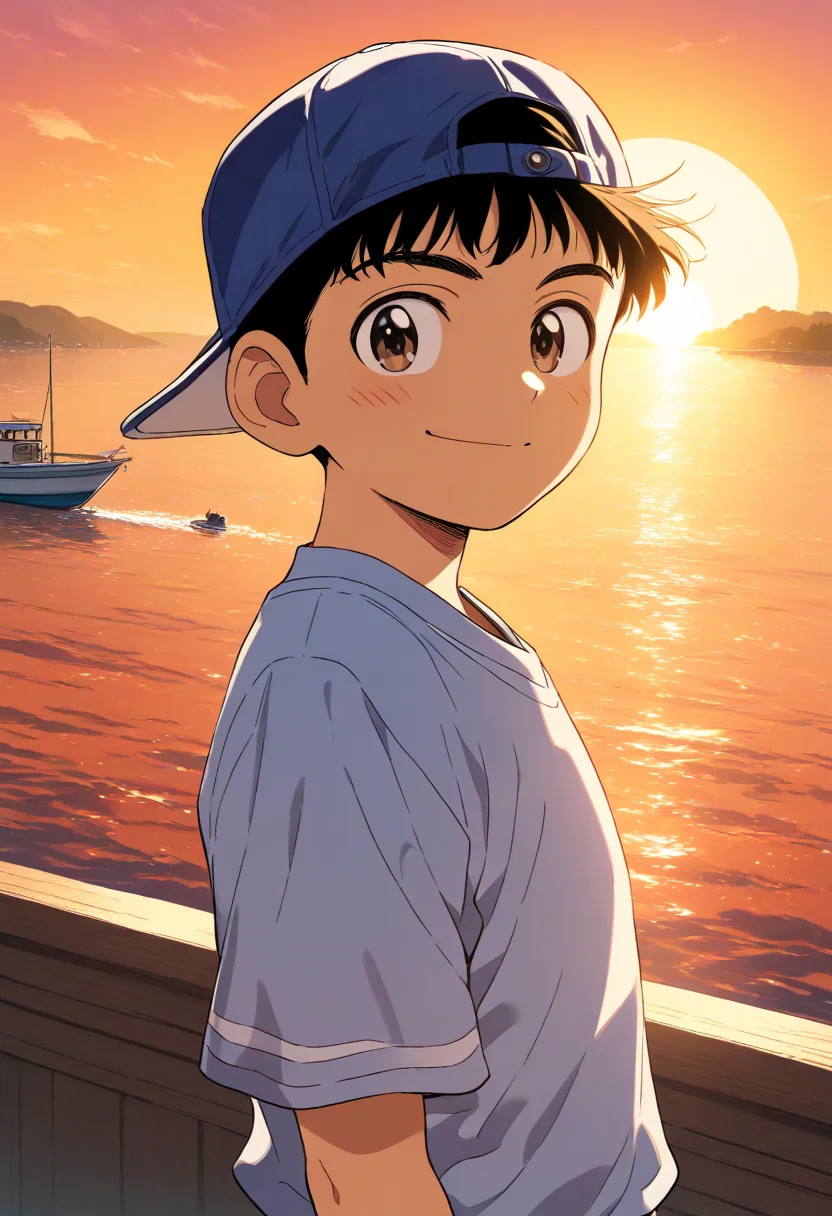 masterpiece,high score,great score,absurdres,goro honda,goro honda\(pre-school\),1boy,male focus,solo,hat,smile,baseball cap,backwards hat,watercraft,boat,water,ocean,looking at viewer,upper body,sunset,outdoors,shirt,blue shirt,<lora:Goro_Shigeno_V1-1:0.8>,official art,