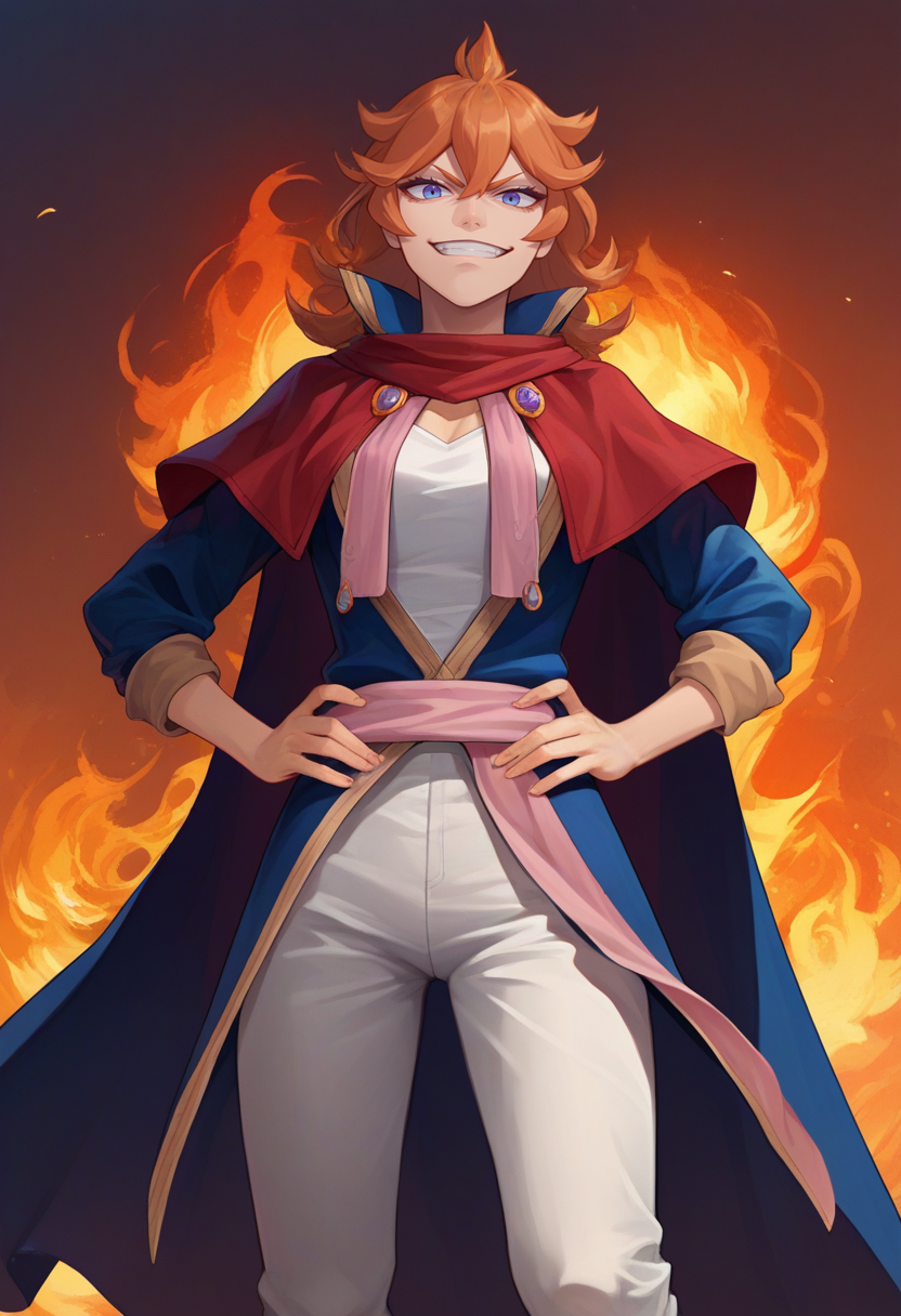 score_9, score_8_up, score_7_up, source_anime, fire, solo, 1girl, mereoleonavermillion, grin, looking at viewer, hands on own hips, red cape, blue coat, popped collar, white shirt, pink sash, white pants <lora:blackclover_mereoleona_ponyXL:1>