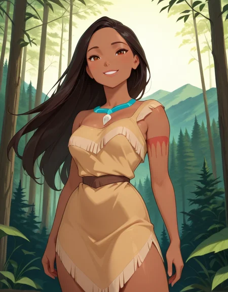 masterpiece, best quality, amazing quality, very aesthetic, absurdres, newest, detailed background, cowboy shot, 4k, 8k, front view, outdoors, forest, mountain background, wind, leafs,
pocahontasxd, 1girl, solo, long hair, dark-skinned female, dress, tribal, medium breasts, full body , smile, looking at viewer,
<lora:Pocahontas_-_Disney_Illustrious:1>