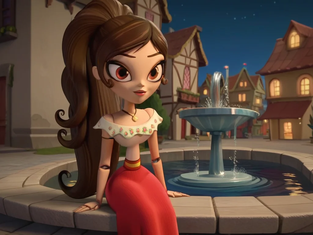 Score_9, score_8_up, score_7_up, score_6_up, BREAK,
screencap, outdoors, night, town,
<lora:Maria_Posada_screencap:0.8> Maria Posada, brown hair, high ponytail, long hair, brown eyes, lipstick, pendant necklace, joints, narrow waist, dress, long red skirt, fountain, sitting, water stream, looking at viewer