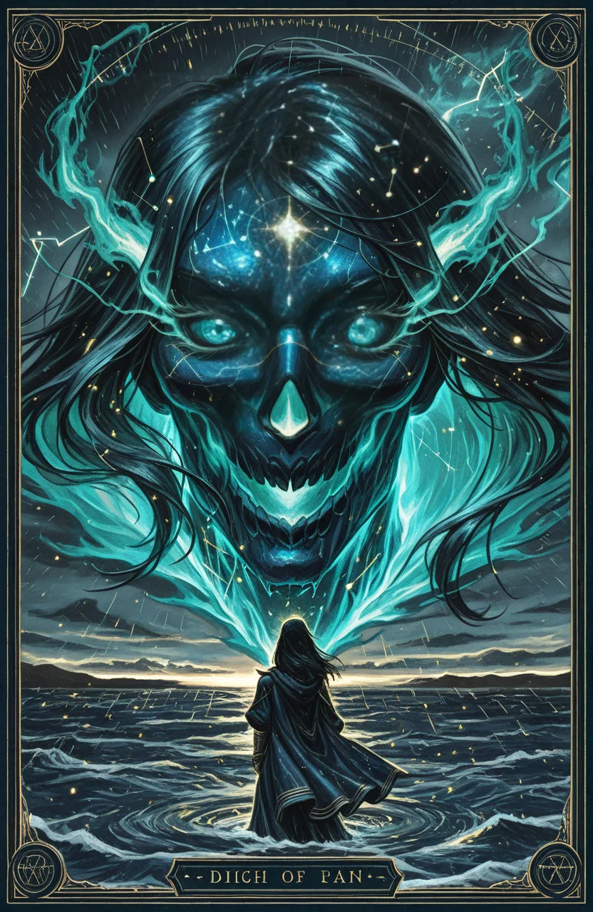 VibrantlySharp style,
animeniji,
3pic_vist4,A pair of glowing teal eyes emerge just above the midnight ocean surface,framed by wet lashes and tangled black hair,rain trailing in golden strands from the sky,while dim embers drift across the rippling water like a drowned constellation whispering secrets in silence.,
BREAK.,<lora:Tarot:1>,