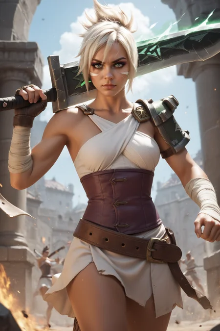score_9, score_8_up, score_7_up, masterpiece, high quality, BREAK
<lora:RivenNormalPonyLoRA:1>rvn, short hair, ponytail, facial mark, eyeshadow, top, criss-cross halter, single pauldron, single glove, bandaged arm, corset, belt, skirt, sattack pose, fighting stance, swinging sword,
huge weapon, broken weapon, magic