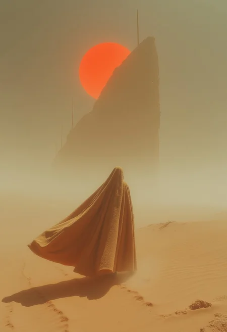 A moody bleaked Red moon, Dusty White Desert, a dystopian Landscape in Infernal Heat, the vision flimmers and IS blurry - a towering Shadow of a giant ship ist barely visible in the far, in the foreground a Closeup of a bedouin with a billowing Cape and an immense translucent beige aura Walking through the dunes