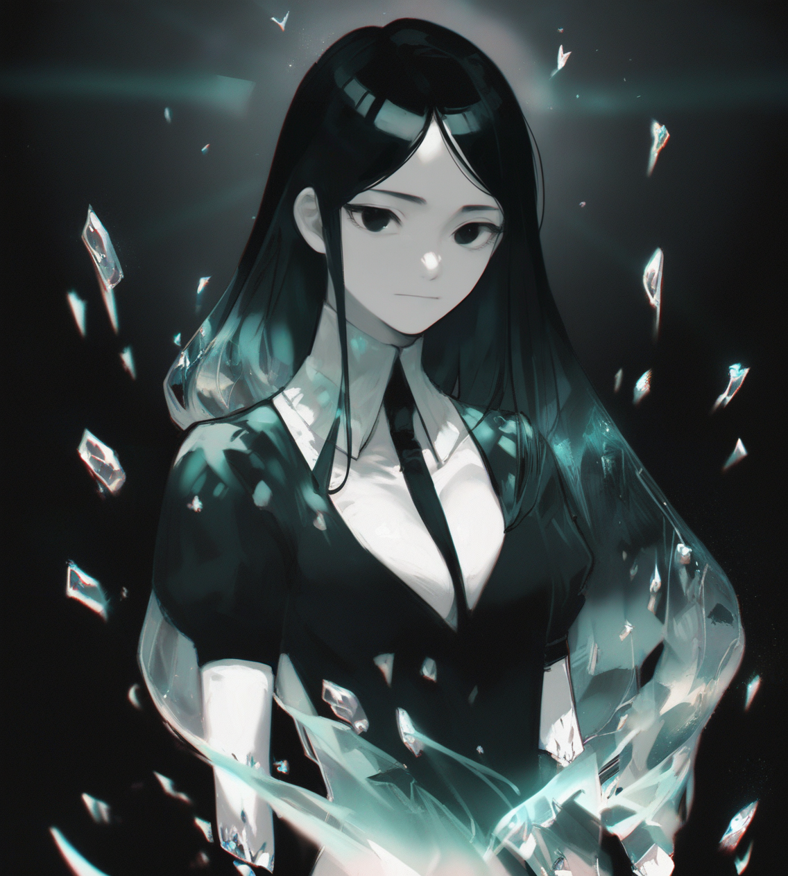 score_9,score_8_up,score_7_up,score_6_up,source anime BREAK,
1girl, solo, solo focus, black hair, dark background, glowing, chromatic aberration, gradient hair, crystal hair, black eyes, cleavage, dress, cowboy shot, gem, straight-on, monochrome, long hair,
 <lora:houseki_no_kuni_artworks-000014:1>