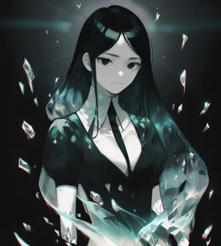 score_9,score_8_up,score_7_up,score_6_up,source anime BREAK,
1girl, solo, solo focus, black hair, dark background, glowing, chromatic aberration, gradient hair, crystal hair, black eyes, cleavage, dress, cowboy shot, gem, straight-on, monochrome, long hair,
 <lora:houseki_no_kuni_artworks-000014:1>