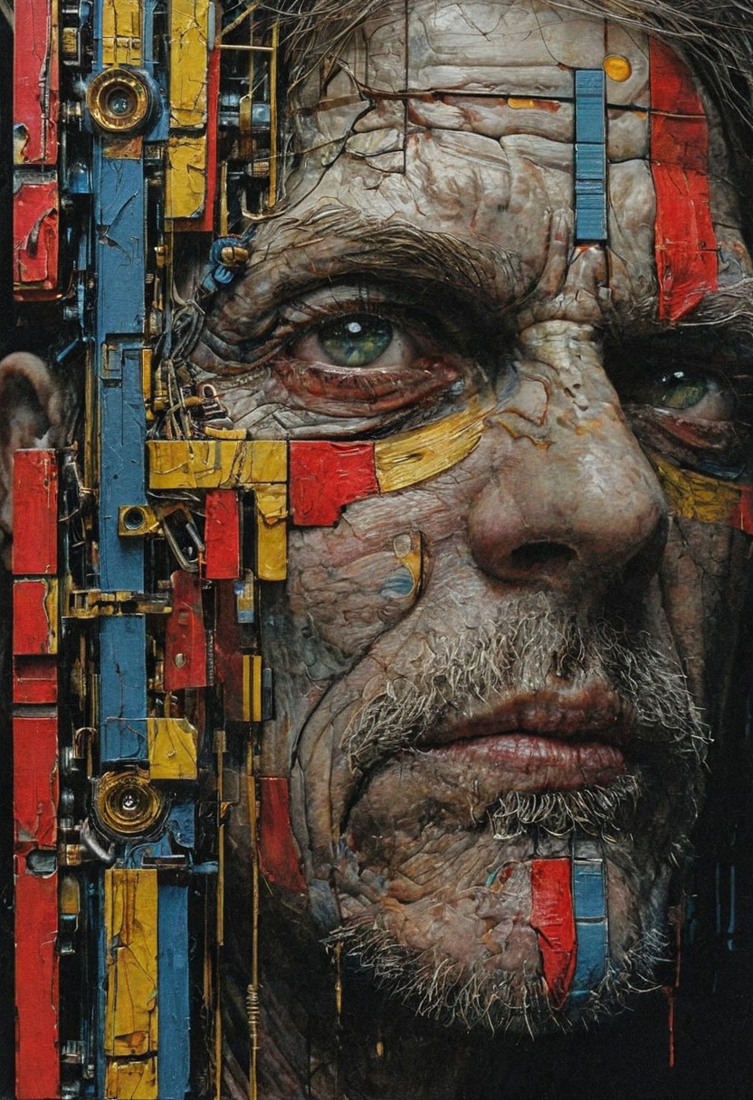 aaron horkey, in the background, a painting of "Three Studies of mondrian" by Francis Bacon in behance hd, cmyk portrait, multi colored, defiant and beautiful, cmyk, expressive eyes!! intricate, 🐎🍑, Dark Souls concept art, and ink, illustrated by herge, close up face of an old lonely man. sadness, stunning color scheme, high use of black ink, masterpiece maximalist. intricately detailed, complex, elegant, expansive, fantastical, film photography style,  medium grain, FRESHIDESH Moebius comic book