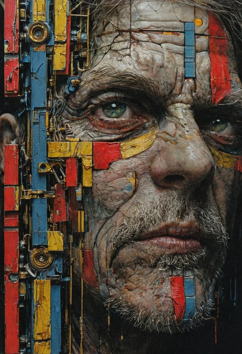 aaron horkey, in the background, a painting of "Three Studies of mondrian" by Francis Bacon in behance hd, cmyk portrait, multi colored, defiant and beautiful, cmyk, expressive eyes!! intricate, 🐎🍑, Dark Souls concept art, and ink, illustrated by herge, close up face of an old lonely man. sadness, stunning color scheme, high use of black ink, masterpiece maximalist. intricately detailed, complex, elegant, expansive, fantastical, film photography style, medium grain, FRESHIDESH Moebius comic book