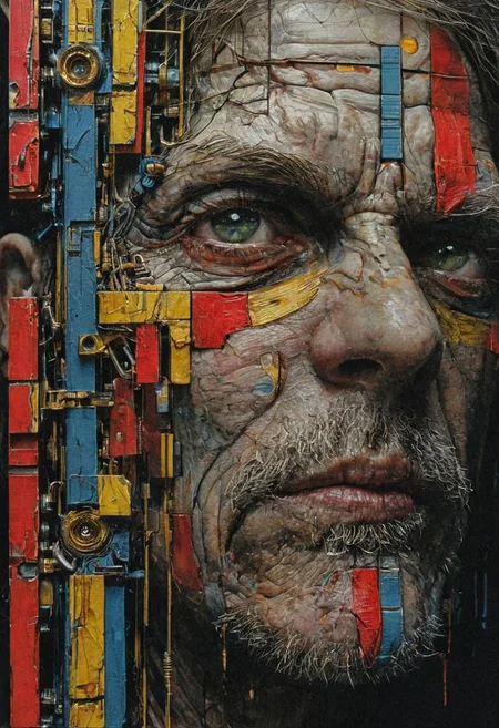 aaron horkey, in the background, a painting of "Three Studies of mondrian" by Francis Bacon in behance hd, cmyk portrait, multi colored, defiant and beautiful, cmyk, expressive eyes!! intricate, 🐎🍑, Dark Souls concept art, and ink, illustrated by herge, close up face of an old lonely man. sadness, stunning color scheme, high use of black ink, masterpiece maximalist. intricately detailed, complex, elegant, expansive, fantastical, film photography style,  medium grain, FRESHIDESH Moebius comic book