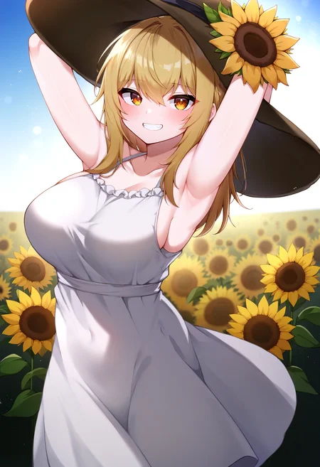 score_9, score_8_up, score_7_up, score_6_up, score_5_up, score_4_up,
simple background, gradient background,
refraction, caustics, rim lights, backlighting, bloom,
BREAK
source_anime, day, outdoors, sky, flower field, sunflower, sunflower field, sunset,
BREAK
1girl, sundress, sunhat, blonde hair, large breasts, see-through silhouette, happy, hair between eyes,
arms up, armpits, light smile,
<lora:5danny1206-v1-PDXL:1>