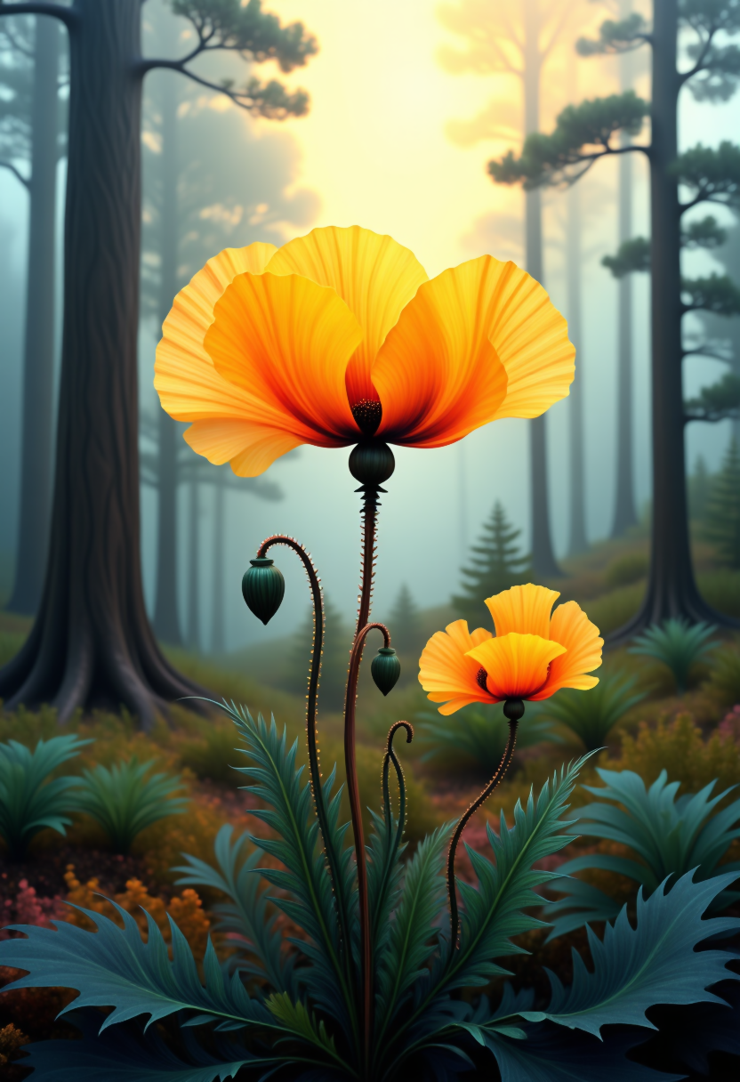 ((wide shot)) , A ((bright golden seed pod)), from a wild poppy, Rococo over the top leaves, curled dark green with a brown stem in a forest clearing at sun rise. The fog is swirling thriugh the trees in the background. colored pencil, water color, a digital rendering, rococo, absurdres, highres,ultra detailed, light manipulation, photo manipulation, altered realities, fantastical scenes, digital artistry, striking visuals.  fractangles <lora:flux.1_lora_surreal-tones_v1:0.65> <lora:Midjourney_Whisper_Chromaplex_Velvet_Myst_v01:0.6> <lora:Fractangles_Flux:0.3> <lora:Realism-lora-Flux:0.55> <lora:Dark_Dreams_in_Flux:0.65>
