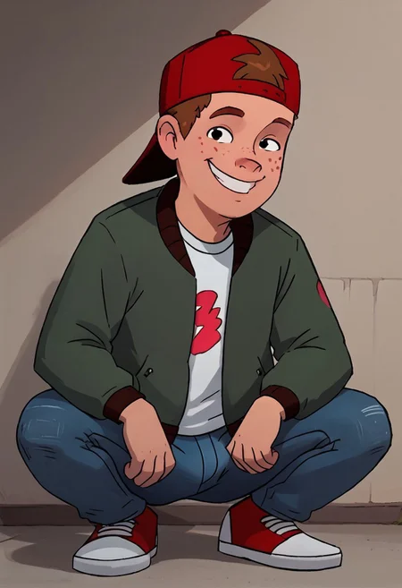 score_9, score_8, score_7, looking at viewer, bluejeans, smile, red hat, backwards hat, shirt, jacket, brown hair, freckles, 1boy, solo, full body,  squatting, Bulge,