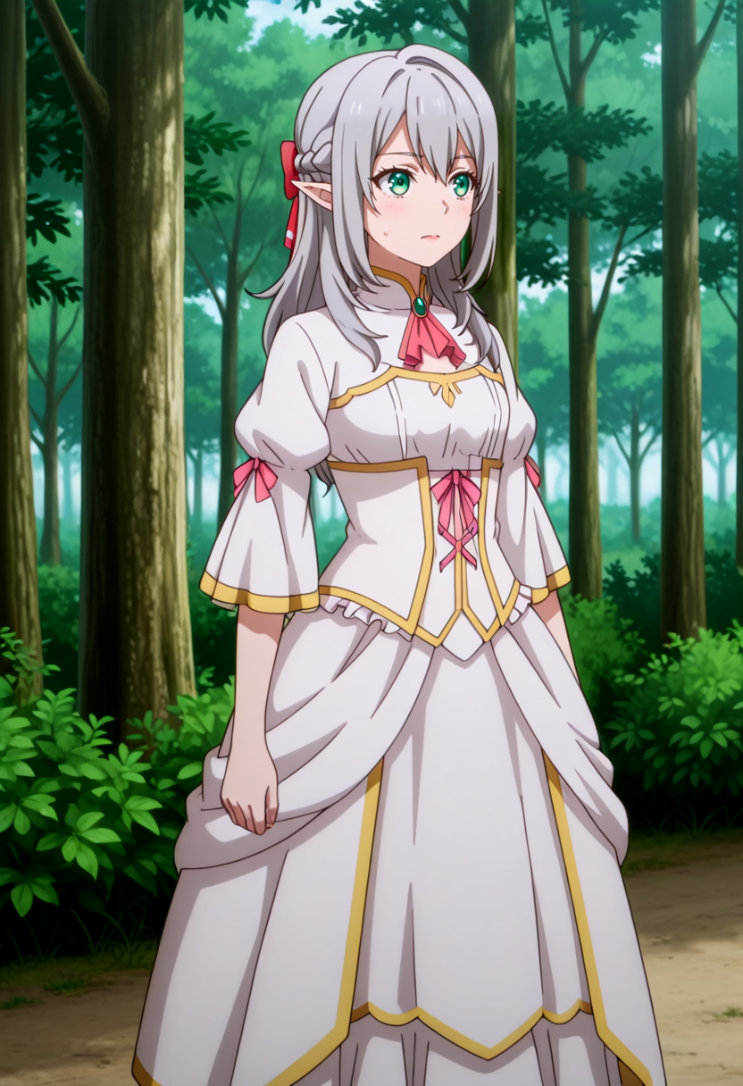 masterpiece,high quality,highres,absurdres,(,,,<lora:Young Tessia_IL:0.8>,,,,Young Tessia,1girl,gray hair,pointed ears,elf,green eyes,,<lora:empress_outfit1:0.8>,,empress_outfit1,masterpiece,best quality,ultra-detailed,(pure white dress:1.3),(gold embroidery:1.2),(pink ribbon accents:1.1),corset-style bodice,lace-up detail,puffed sleeves with gold trim,multi-layered skirt with ruffled hem,soft glowing fabric,volumetric lighting,intricate textures,(high-resolution:1.2),dynamic shading ),forest, river