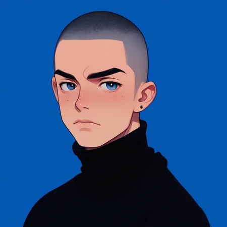 chillflat, looking at viewer, black turtleneck sweater, piercing, upper body, mole, very short hair, facial hair, blue background,