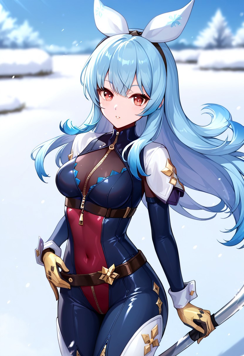 score_9, score_8_up, score_7_up, anime, source_anime, kula diamond, 1girl, solo, long hair, blue hair, gloves, breasts, zipper, red eyes, bangs, chaps, red lavender bodysuit, gloves, gold gloves, mechanical gloves, belt, covered navel, fully covered, snow flakes, ice skating, dynamic pose, detailed background, depth of field, looking at viewer