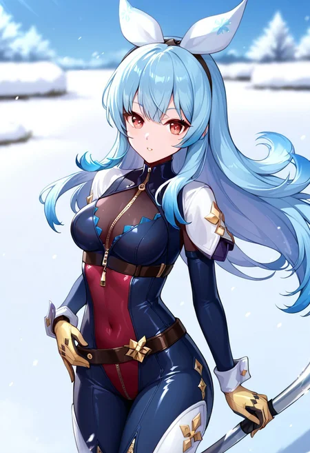 score_9, score_8_up, score_7_up, anime, source_anime, kula diamond, 1girl, solo, long hair, blue hair, gloves, breasts, zipper, red eyes, bangs, chaps, red lavender bodysuit, gloves, gold gloves, mechanical gloves, belt, covered navel, fully covered, snow flakes, ice skating, dynamic pose, detailed background, depth of field, looking at viewer