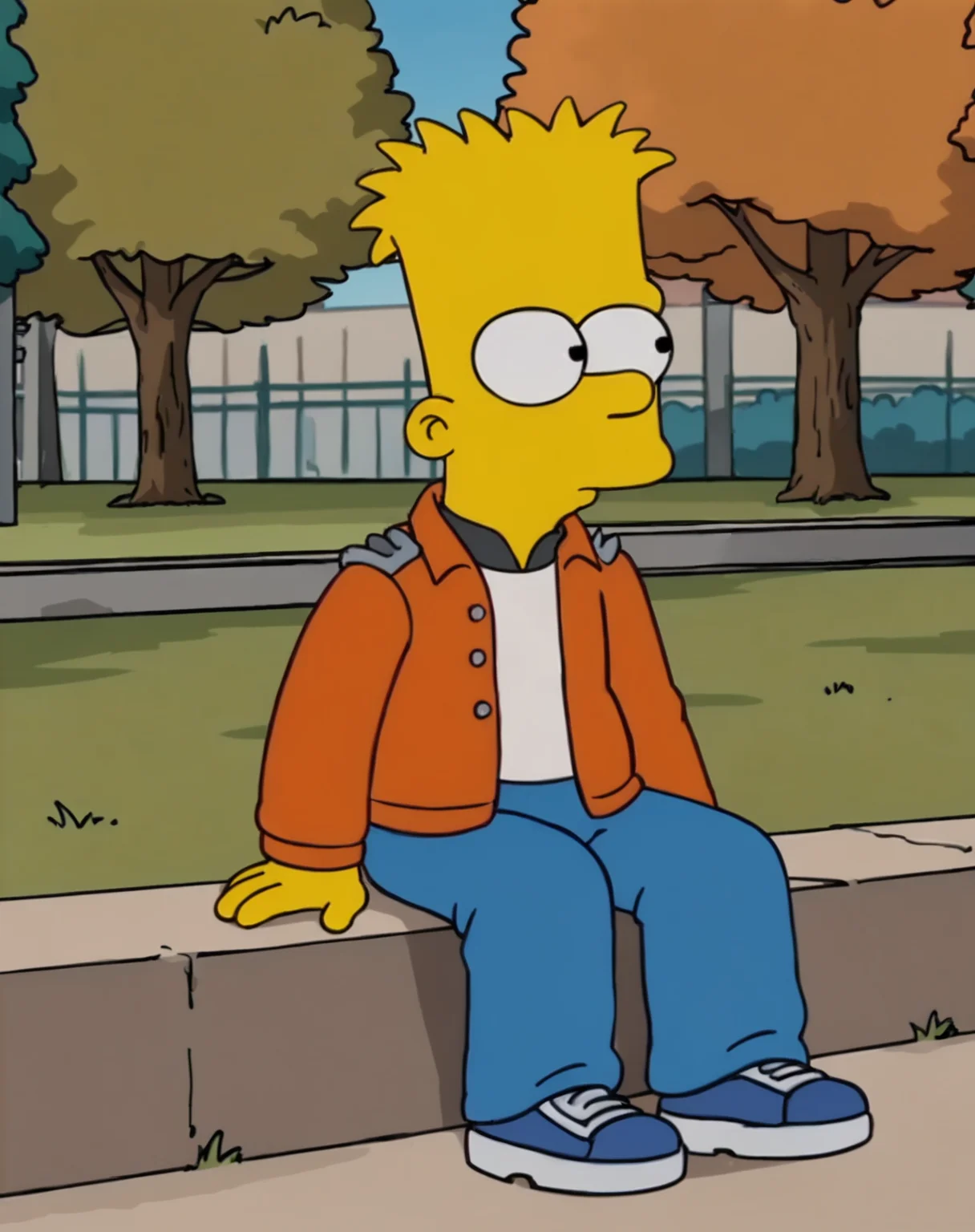 1boy, solo, Bart Simpson, spiked hair, yellow skin, circle eyes, dot pupil, orange jacket, blue pants, sitting, expressionless, park, outdoors, <lora:AdultBart9:0.8>,