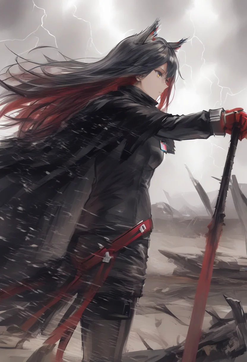solo, 1girl, multicolored hair, red hair, planted, black hair, texas \(arknights\), animal ears, planted sword, weapon, long hair, gloves, holding, sword, two-tone hair, no humans, jacket, red gloves, wolf ears, outdoors, black jacket, long sleeves <lora:YLXL_NBVP1_lokr_V6311P:0.95>