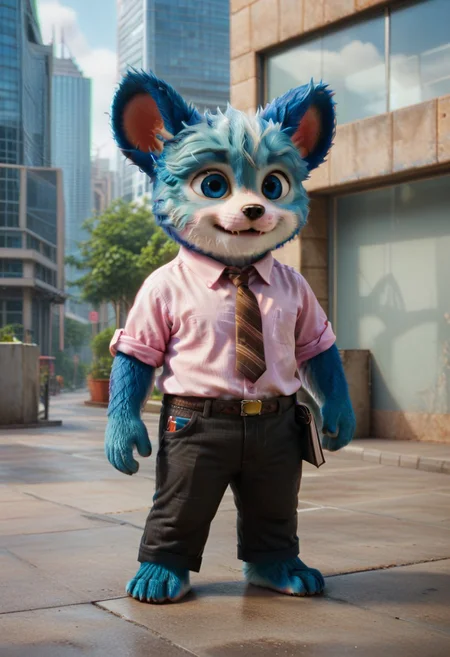 (((Barefoot furry character, full body, cinematic setting, furry male, plantigrade)))
(((nubs_pooba))) dressed as (((businessman))), standing before (((modern glass and steel office building))), (((wearing pink shirt with brown necktie and long black pants))), stern, strict, ((arrogant))), blue fur, blue eyes, round ears, two little fangs, holds paper plates. semi-realistic animation
BREAK, intricate details, highly detailed, extreme detail, octane render, fine art, best quality, highres, (detailed face:1.5), ((full_body)), UHD, (((perfect hands))), ((low light:1.5))