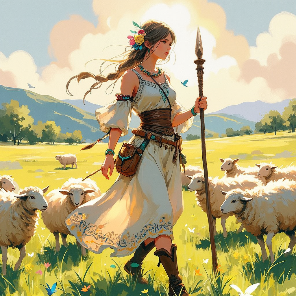 Special Ink-drawing mode, Watercolor mode, intricate linework with expressive contrasts, soft and translucent washes of color blending harmoniously, vibrant yet earthy tones, era 2020s fantasy, tribal and mystical fashion, solo, bold and ethereal style, Rating SFW.

A young shepherdess stands gracefully in a vibrant meadow, surrounded by a flock of fluffy sheep. She wears a flowing, asymmetrical dress adorned with intricate tribal embroidery, with hues of teal, sienna, and ivory. Her waist is cinched by a leather belt holding small pouches and a carved wooden staff. Her long hair is braided with flowers, beads, and feathers that sway gently in the breeze. She holds the staff upright with one hand, its tip glowing faintly with mystical runes, while the other hand reaches out as if guiding the sheep.

The scene captures the interplay of light and shadow, with golden sunlight streaming through distant trees, casting a warm glow on the meadow. The sheep graze peacefully, their wool softly textured with watercolor washes of cream and light gray. In the distance, rolling hills meet a sky brushed with pastel hues of amber and lavender, suggesting an early evening setting.

The composition features a dynamic pose, with the shepherdess mid-step, her dress and hair flowing in the wind, and her expression serene yet commanding. The color palette emphasizes harmony with nature, blending lush greens of the meadow with earthy browns and mystical teal accents on her attire. Small details, like butterflies and wildflowers dotting the meadow, add life and depth to the scene.

2D flat anime,animeniji,Mh1$AgThS2,cartoon-style
