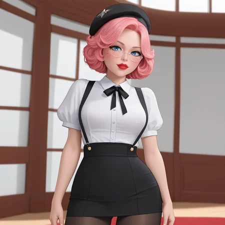 <lora:MrClaus_pony_v1:1>  MrsClaus, 1girl,  glasses, round eyewear,  solo, blue eyes, red lips, lipstick, makeup, pink hair,  short hair,  freckles, cowboy shot,  <lora:0902 Home wear 5_v1_pony:1> ruanyi0902,beret,black ribbon,collared shirt,black pantyhose,high-waist skirt,white shirt,suspenders