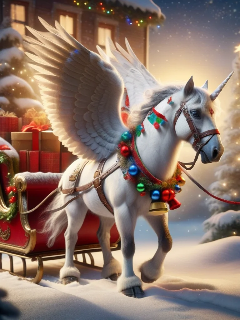 ral-santasleigh, a photorealistic pegasus decorated is pulling Santas sleigh, the Pegasus is adorned with a festive colorful harness <lora:ral-santasleigh-sdxl:1>