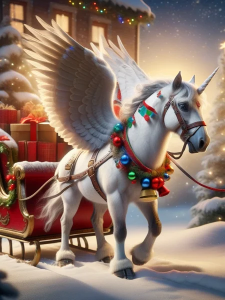 ral-santasleigh, a photorealistic pegasus decorated is pulling Santas sleigh, the Pegasus is adorned with a festive colorful harness <lora:ral-santasleigh-sdxl:1>