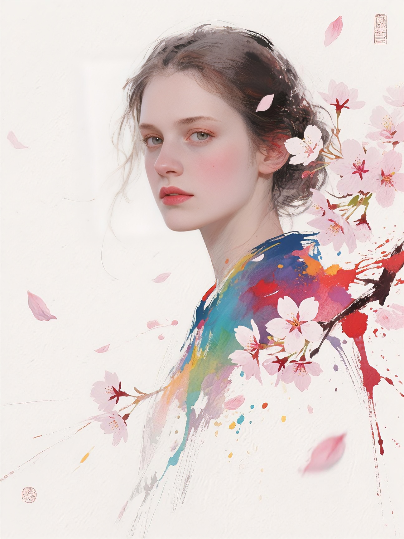 masterpiece, best quality, newest, absurdres, highres, intense eyes, sakura petals flying around, serene and fierce expression, delicate blush on cheeks, glowing smooth skin, ethereal floral atmosphere, dreamy ambient lighting, soft painterly textures, with the theme "the blossom that blooms through war and love"