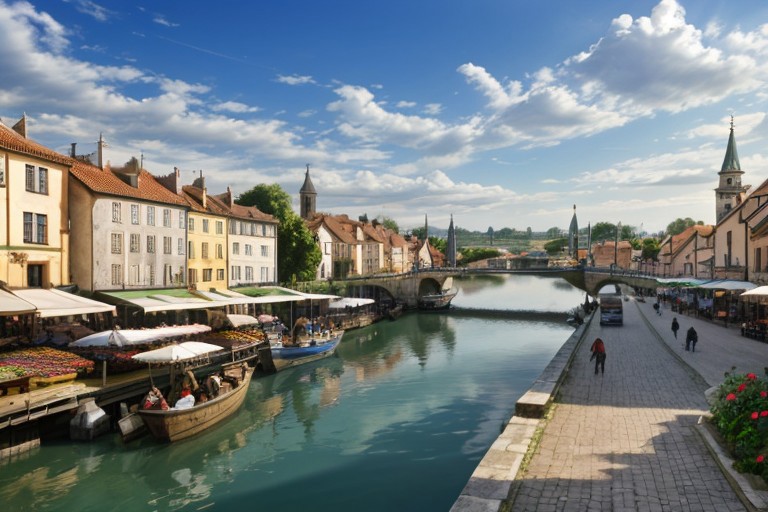 detailed, medieval city with tall walls, farmer's market along road to city's gate, left from market not wide river with small pier, where stand some boats, shinig, day,
