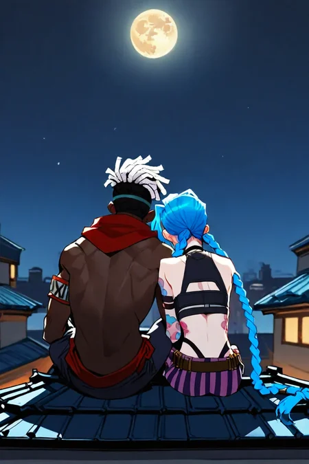 <lora:sitting_couple_IllustriousXL-000006:1>,masterpiece, highres, sitting , side-by-side, rooftop, sky, moon, from behind, BREAK, 1girl, jinx, blue hair, pale skin, choker, long blue twin pigtails, tattoo,crop top, sleeve, armbands, purple striped pants, gloves, belt, BREAK, 1boy, ekko, ekko (league of legends), dreads, dreadlocks, white hair, short hair, dark-skinned male, sleeveless, sleeveless shirt, scarf, pants, white nose