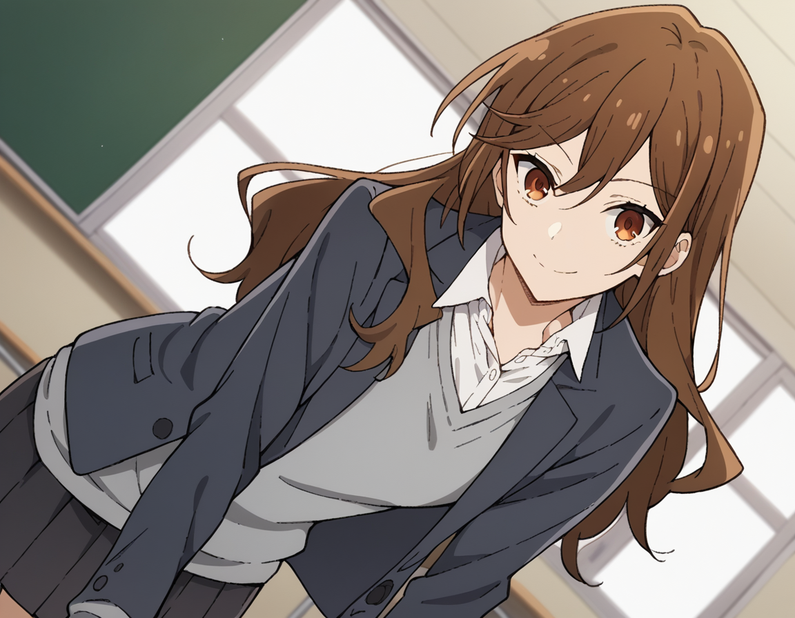 score_9, score_8_up, score_7_up, source_anime,
kyoukohori,  <lora:kyouko-hori-s2-ponyxl-lora-nochekaiser:1>,
kyouko hori, long hair, bangs, brown hair, hair between eyes, brown eyes,
shirt, school uniform, jacket, collared shirt, blazer, sweater, grey sweater, white shirt, black blazer, skirt, black skirt,
indoors, classroom, smile, bent over,
cowboy shot, looking at viewer, solo, dutch angle,